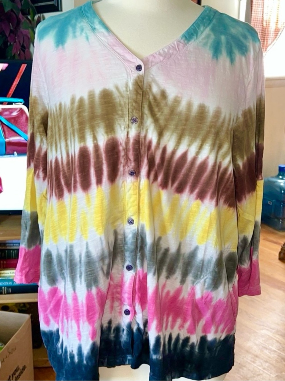 LOGO by Lori Goldstein Sz XL Tie-Dye Button Front 100% Cotton Cardigan INK COMBO